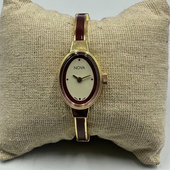 Vintage Nova Watch Women Gold Tone Maroon Bangle Band Manual Wind 6.5 inch main image 12